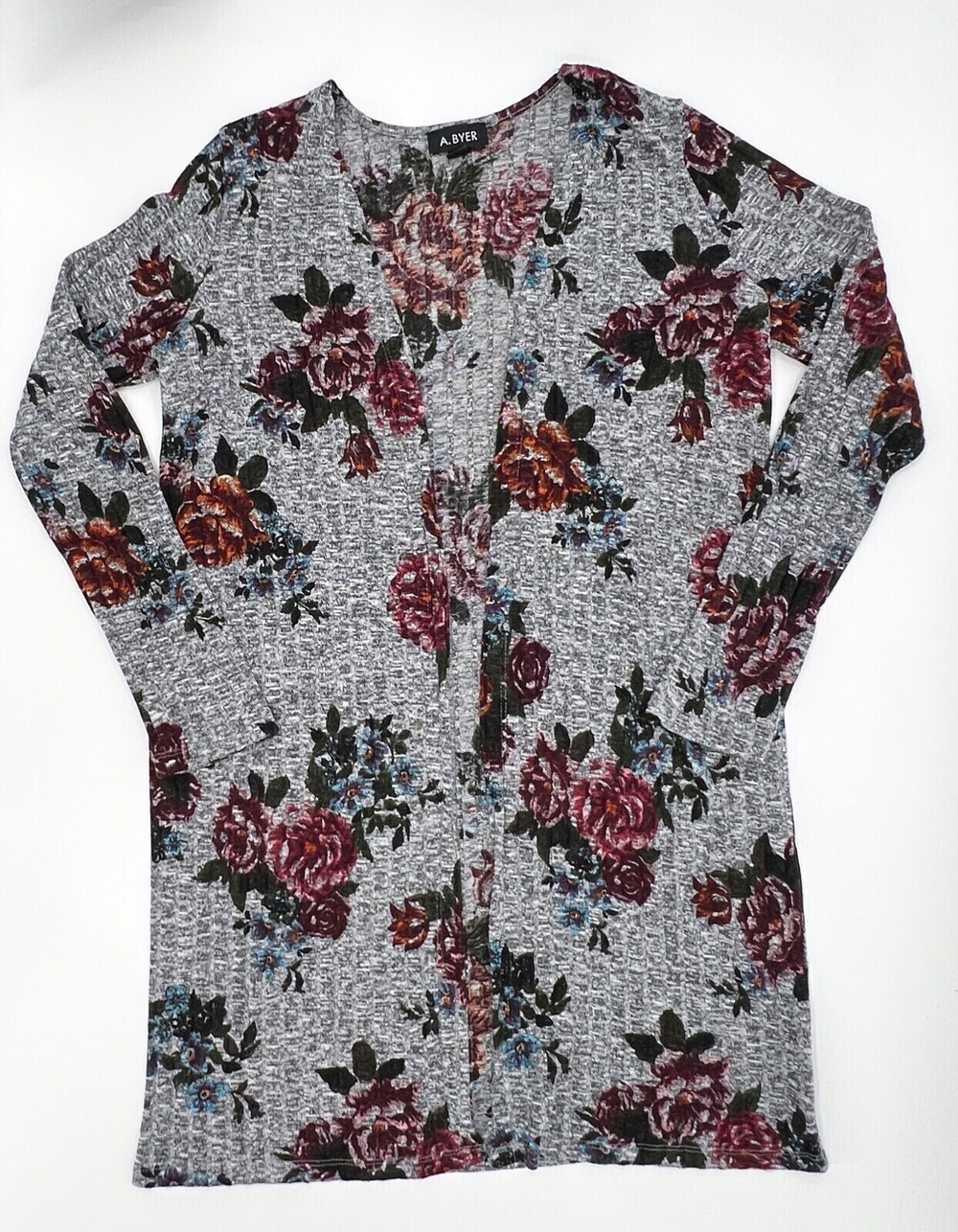 A. Byer Sweater Womens Medium Gray Floral Cardigan Long Sleeve Long Open